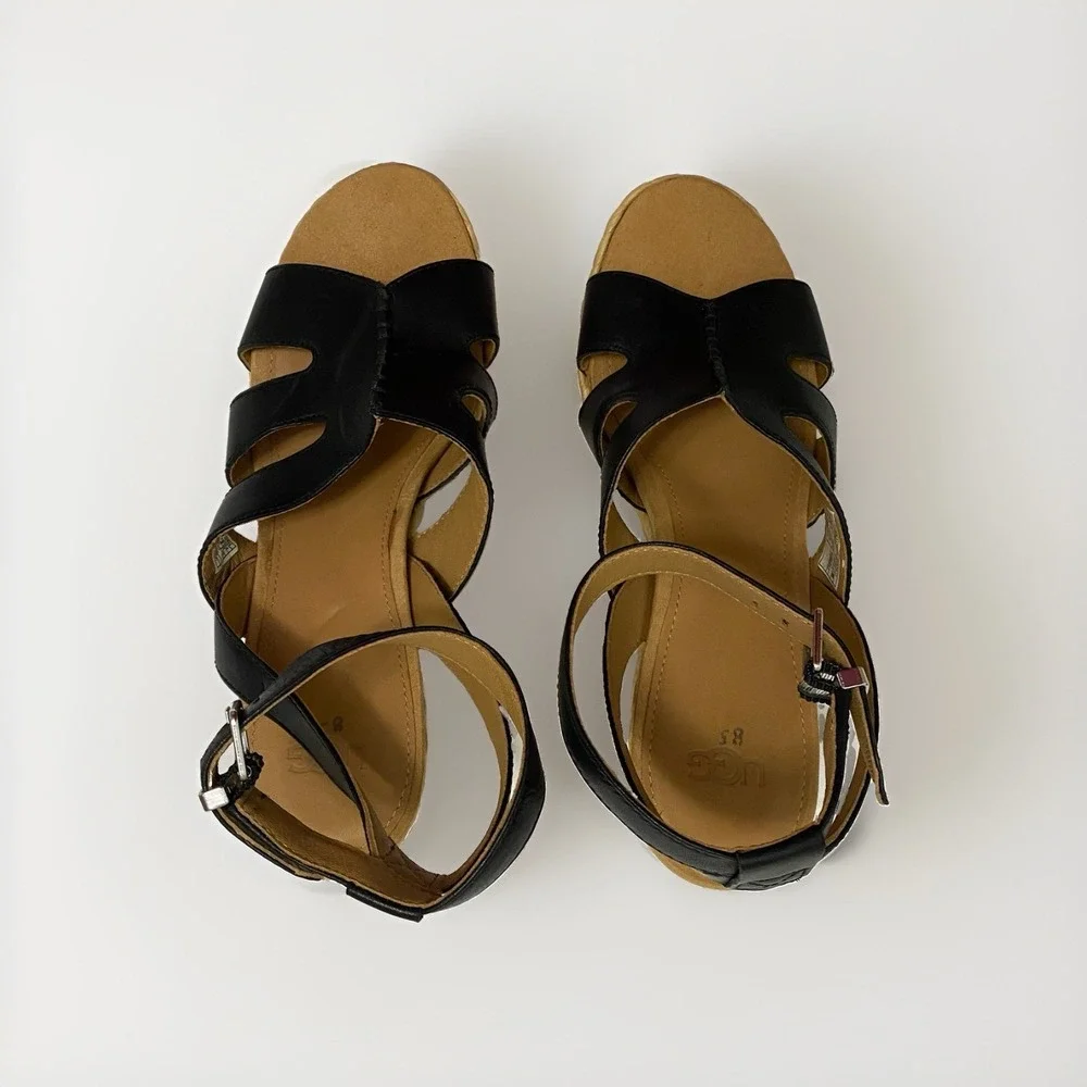 UGG Careena Black Leather Wedge Espadrille Sandals - Size 8.5